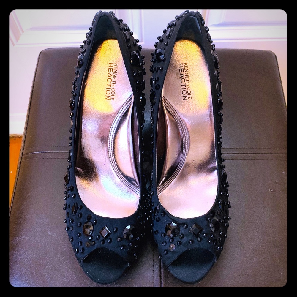 Studded black peep toe pumps